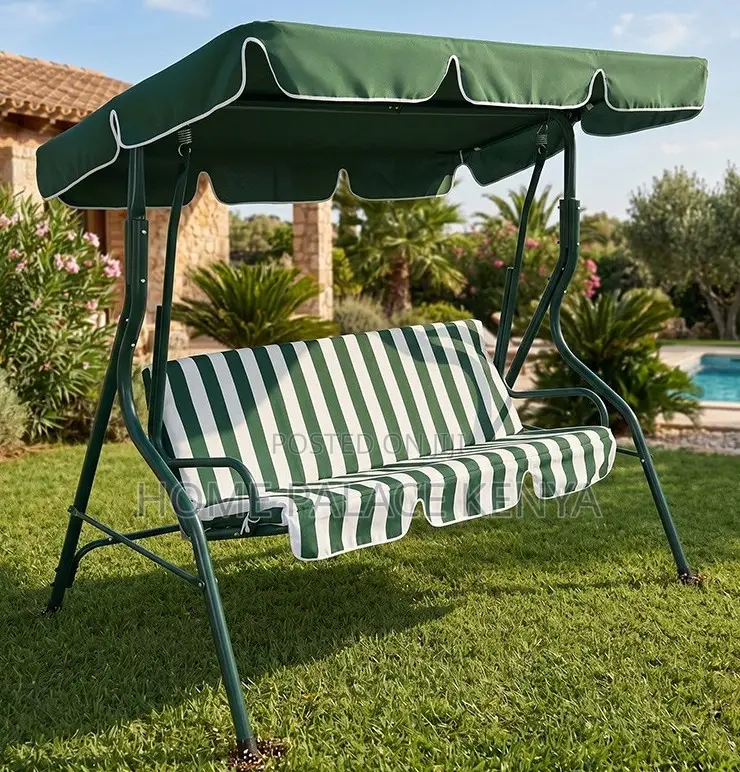 Outdoor Swing: White and Green Striped Metal Swing Chair