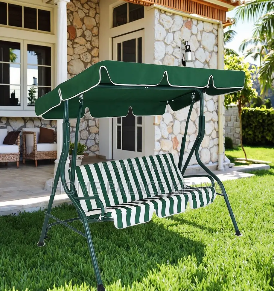 Outdoor Swing: White and Green Striped Metal Swing Chair