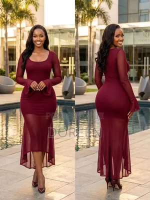 Long Sleeve Bodycon Mesh Overlay Dress