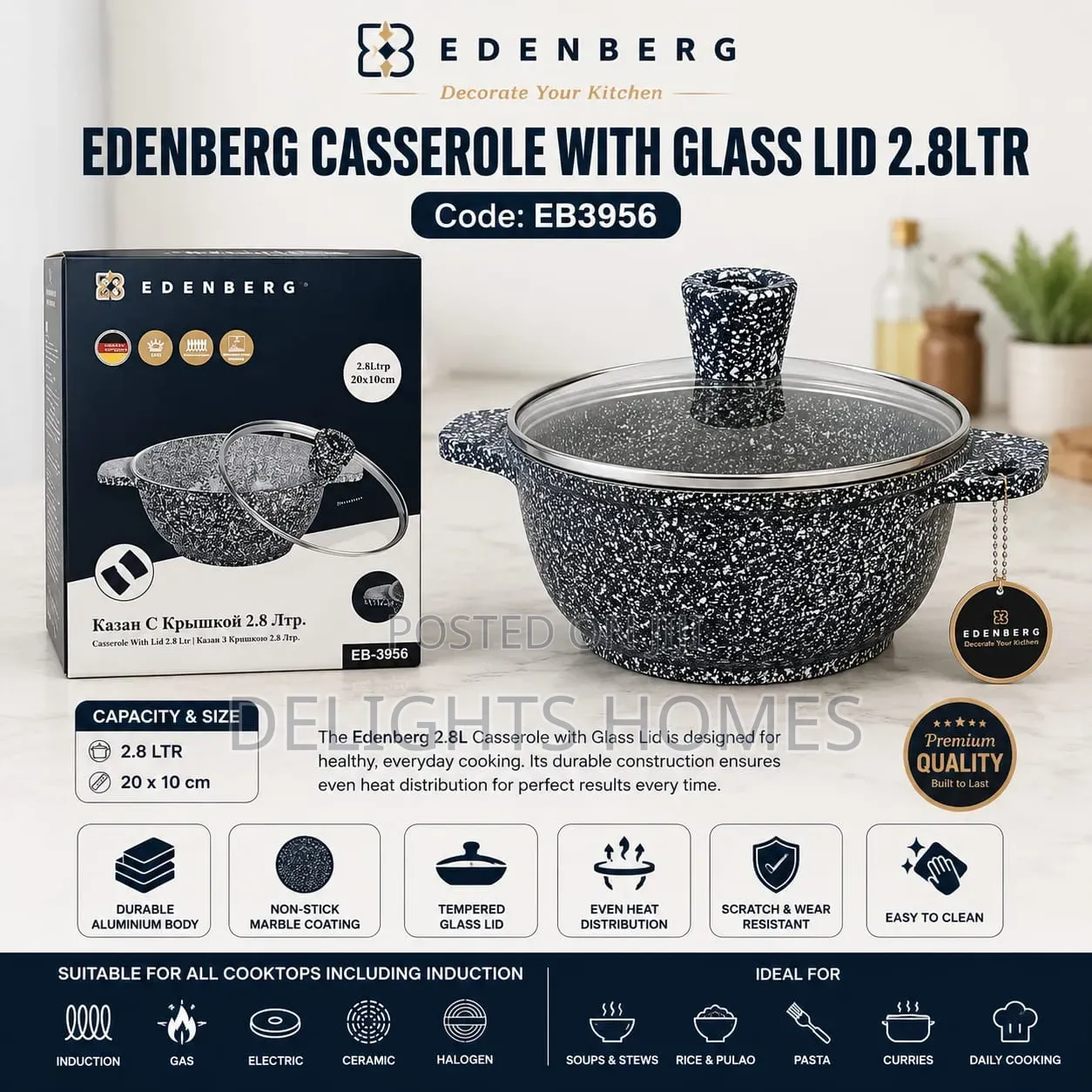 Edenberg Casserole With Glass Li –2.8ltr-B
