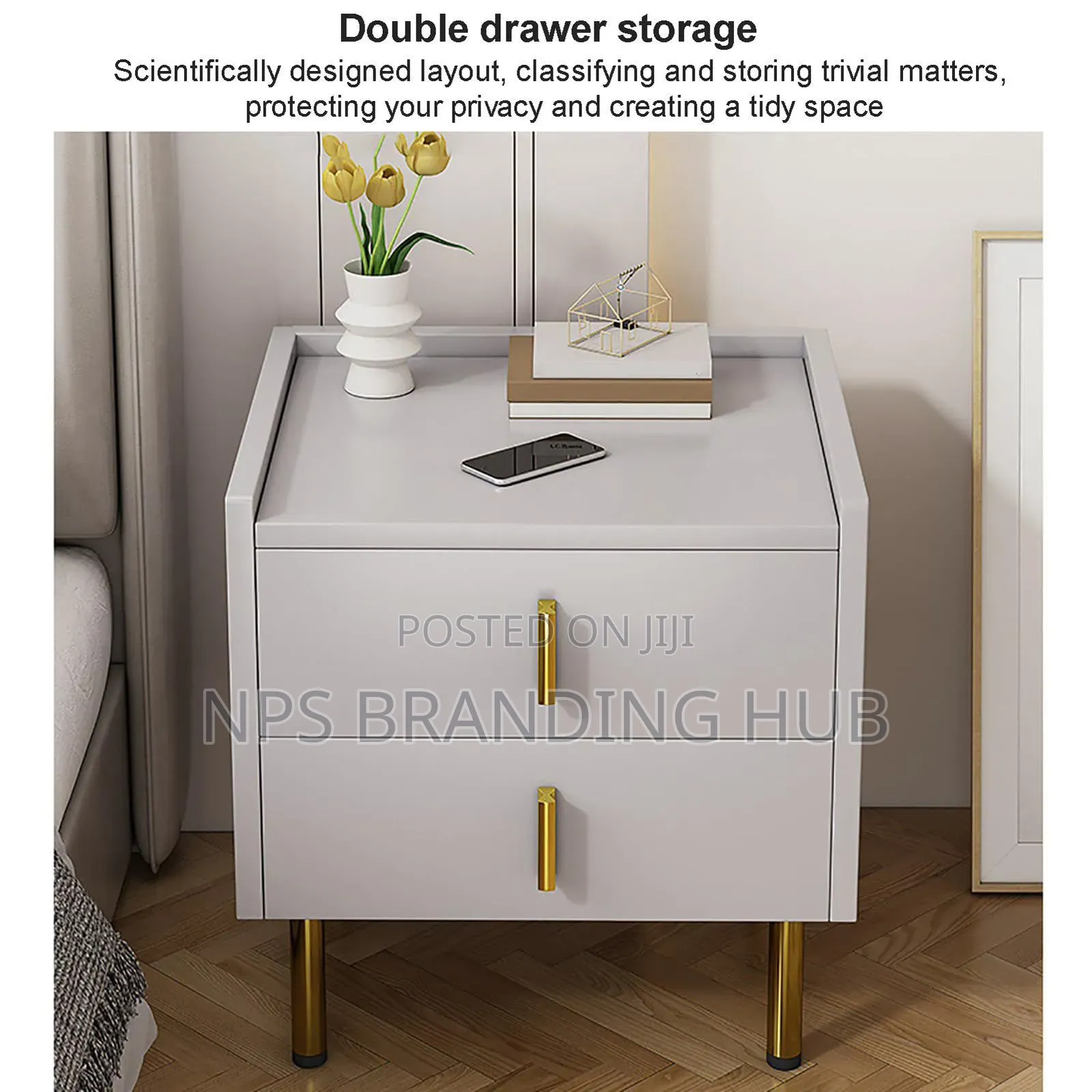 Modern Bedside Nightstand With 2 Drawers and Metallic Legs (Be