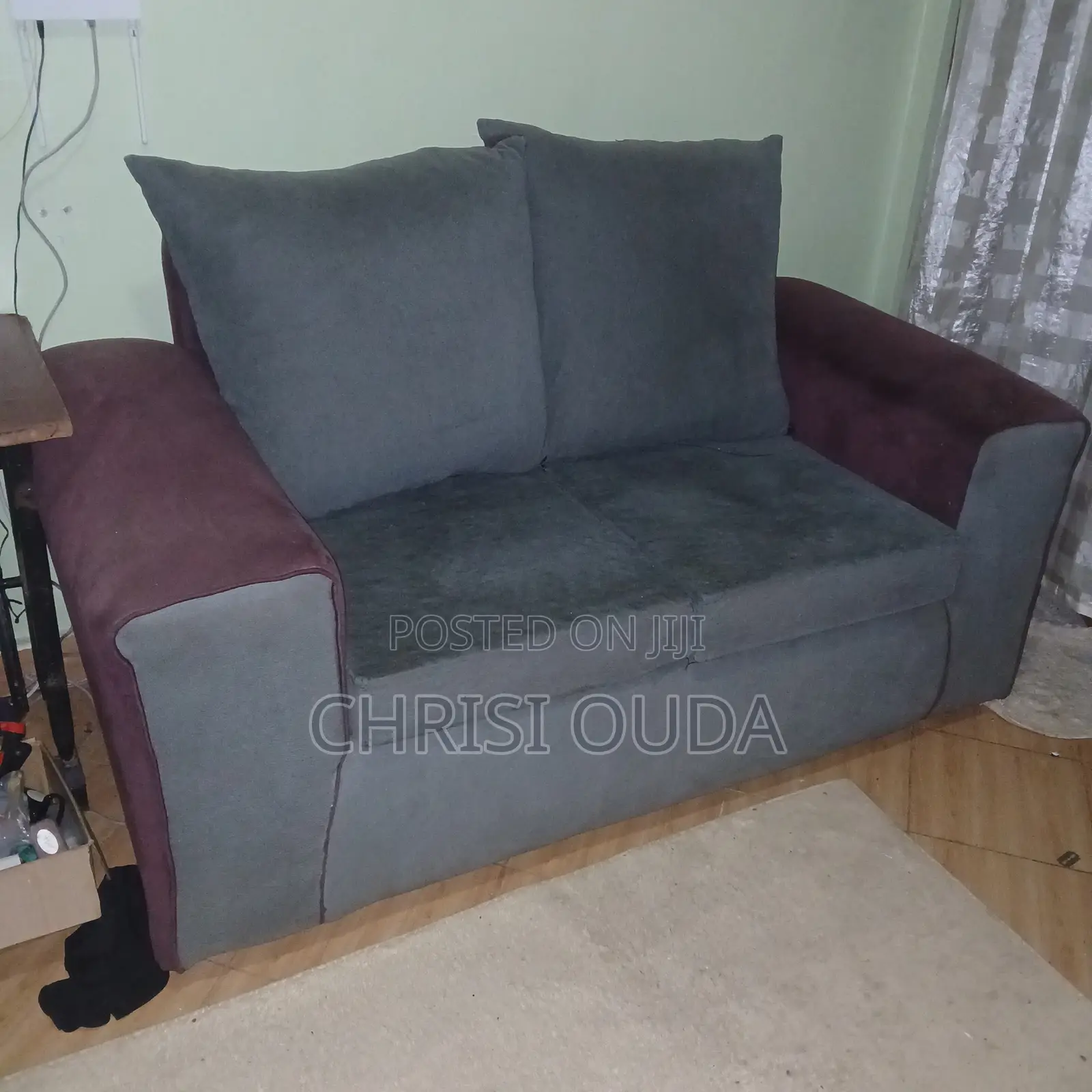 2-Seater Sofa - Grey With Maroon Arms