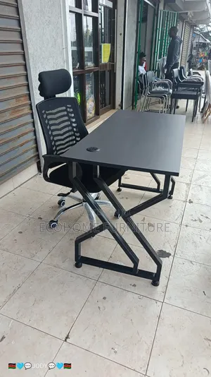 Metallic Study Desk and Headrest Office Chair All Black