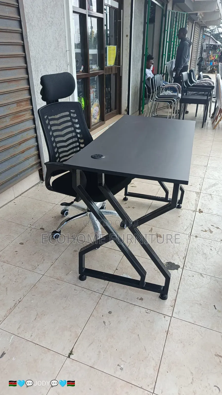 Metallic Study Desk and Headrest Office Chair All Black