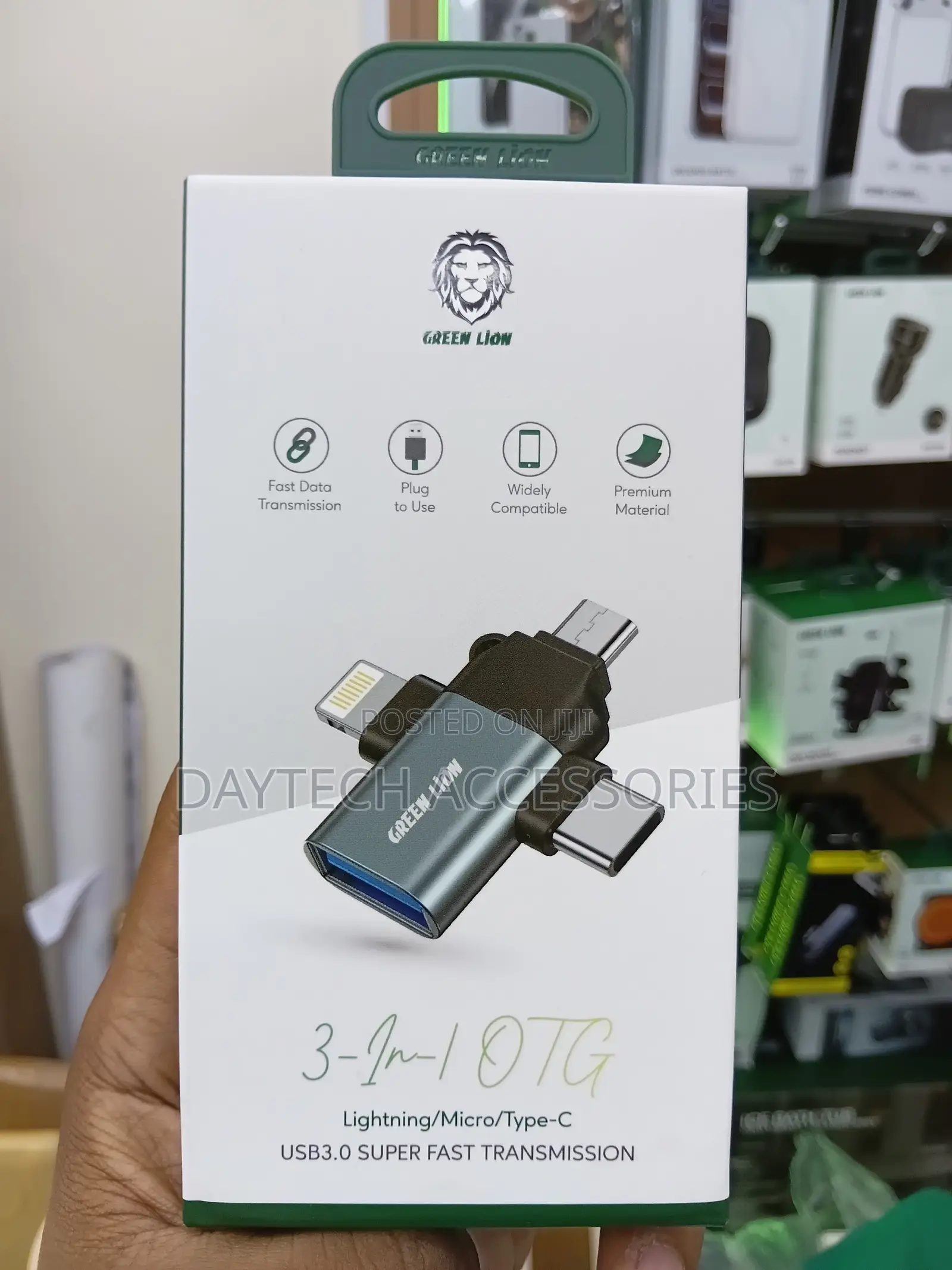 Green Lion 3-in-1 Otg Adapter (Lightning/Micro/Type-C) in Grey.