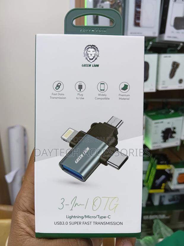 Green Lion 3-in-1 Otg Adapter (Lightning/Micro/Type-C) in Grey.