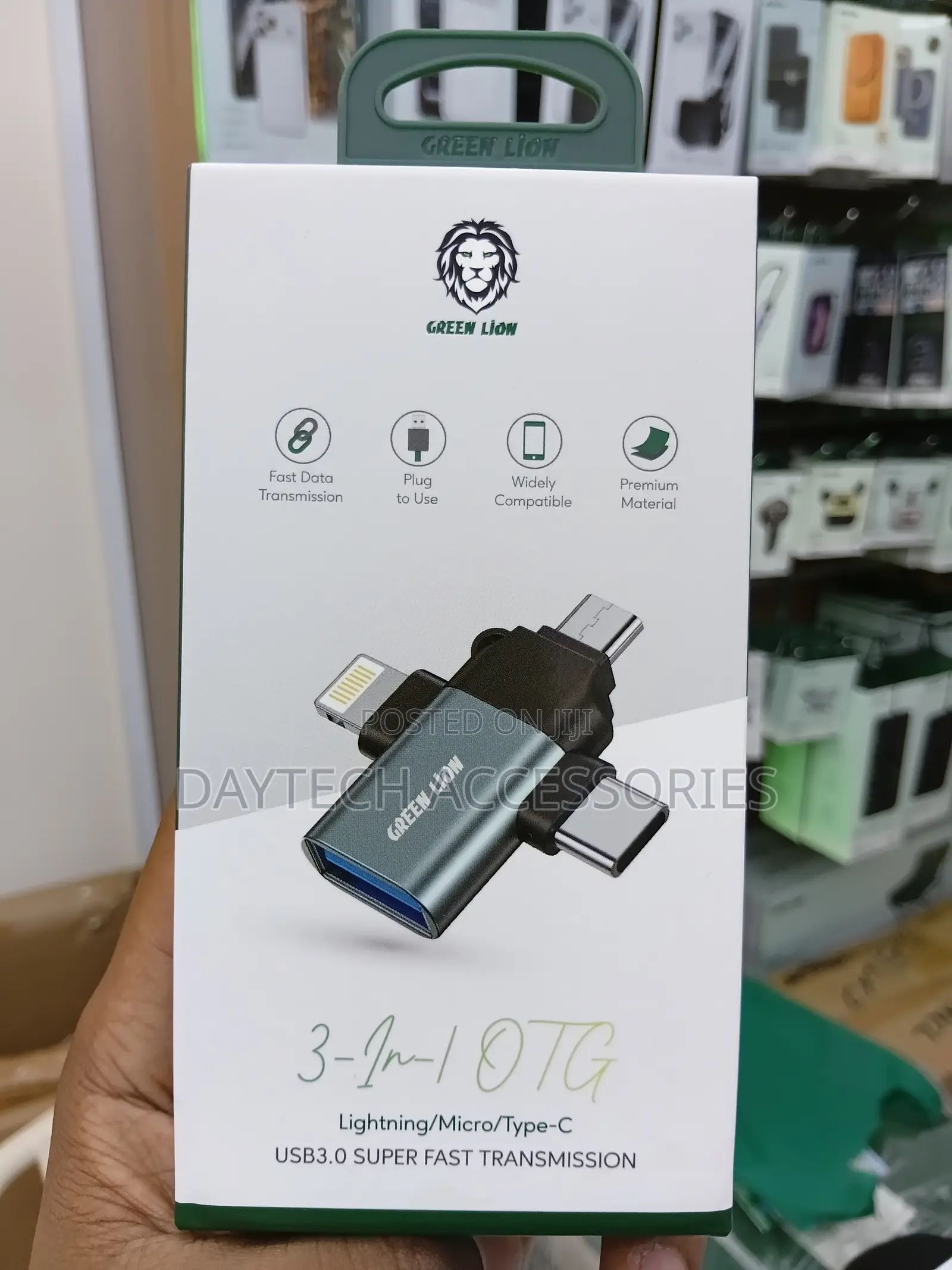 Green Lion 3-in-1 Otg Adapter (Lightning/Micro/Type-C) in Grey.