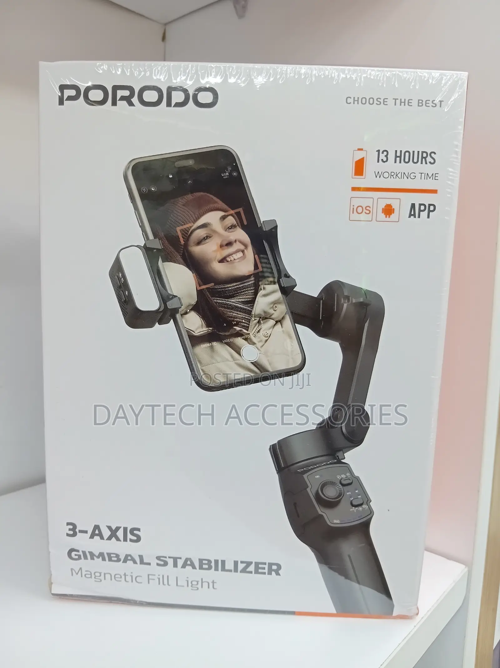 Porodo 3 Axis Gimble Stabilizer With Magnetic Fill Light - Black