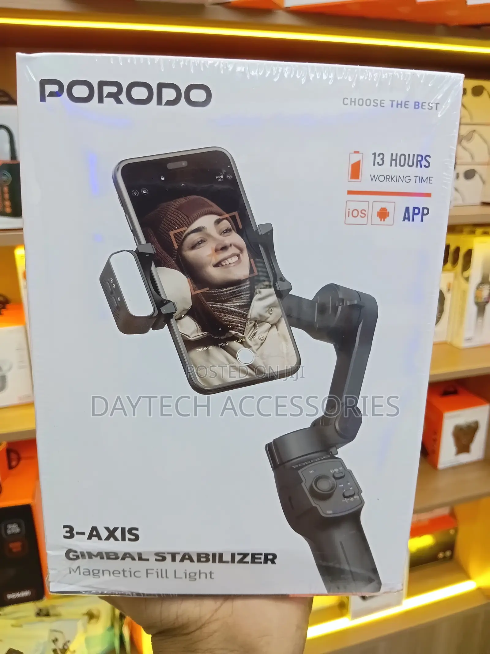 Porodo 3-Axis Gimbal Stabilizer With Magnetic Light 13-Hour Battery