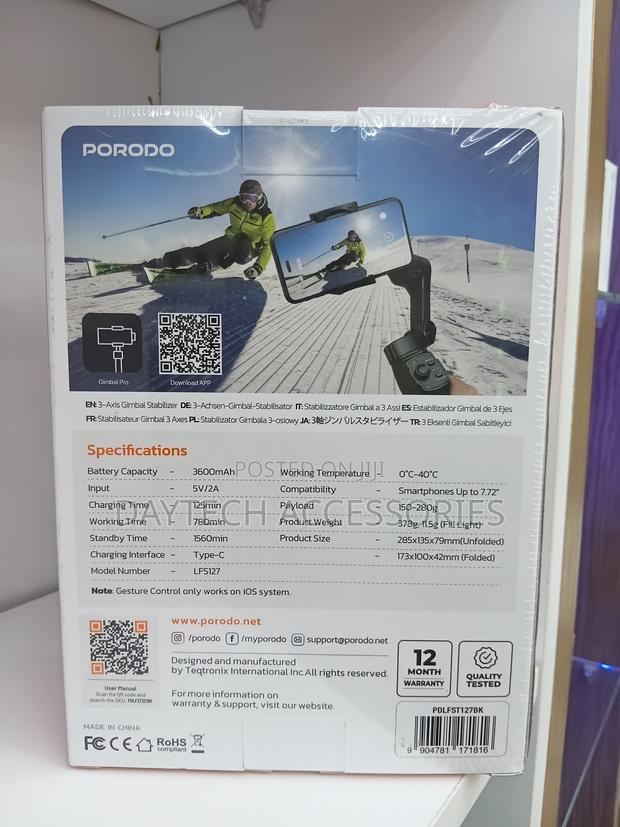 Porodo 3-Axis Gimbal Stabilizer With Magnetic Light 13-Hour Battery - thumbnail 4