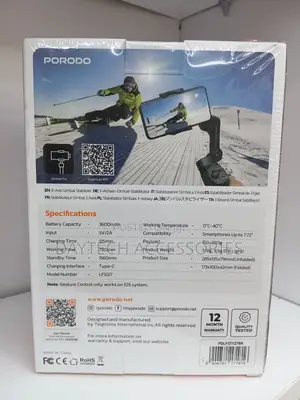 Porodo 3-Axis Gimbal Stabilizer With Magnetic Light 13-Hour Battery