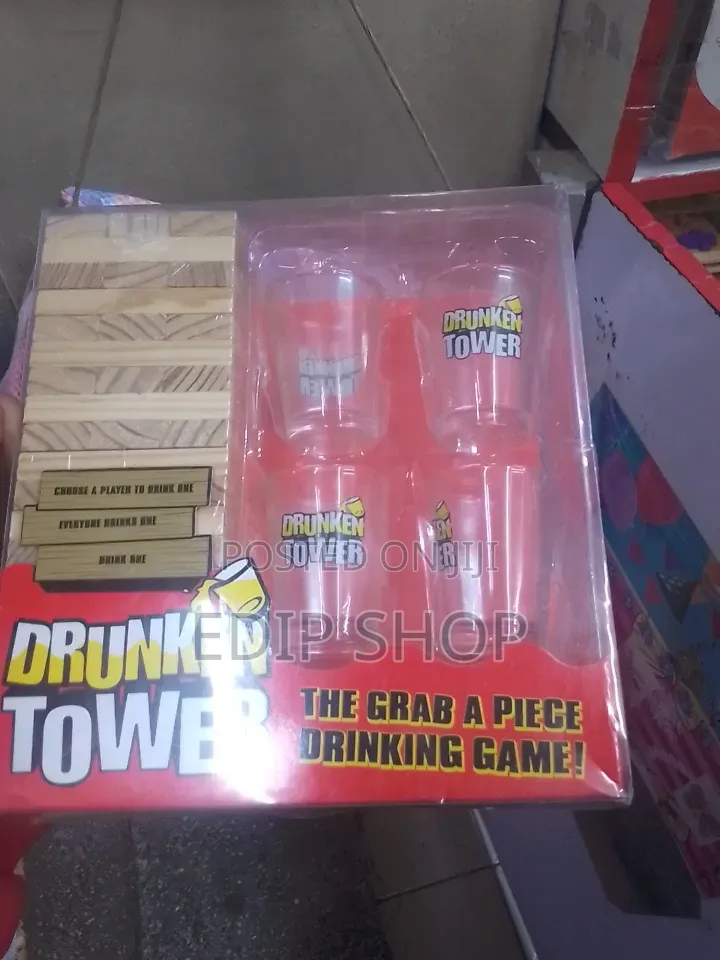 Drunken Jenga Tower With 4 Shots Glasses