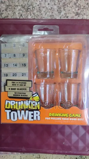 Drunken Jenga Tower With 4 Shots Glasses
