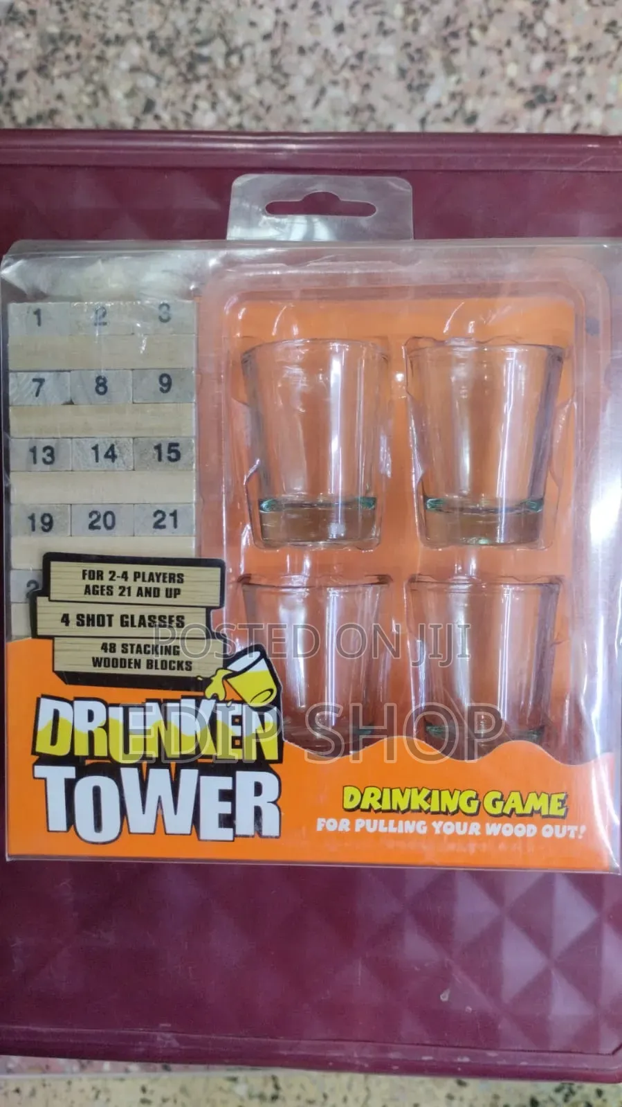 Drunken Jenga Tower With 4 Shots Glasses