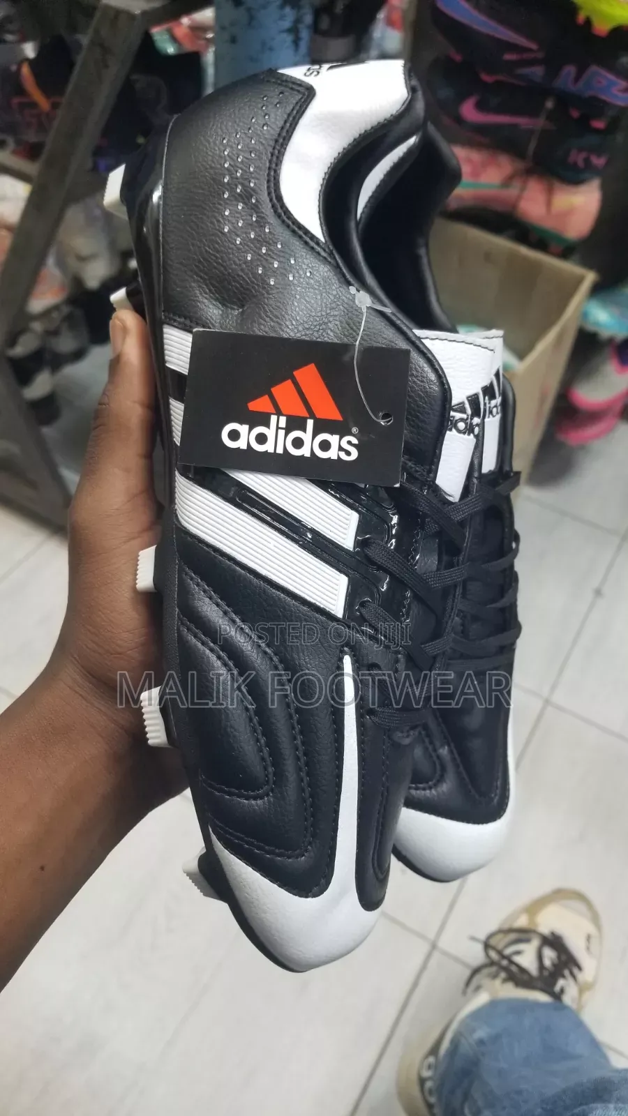 Adidas Classic Black Leather Football Boots With Neon Studs