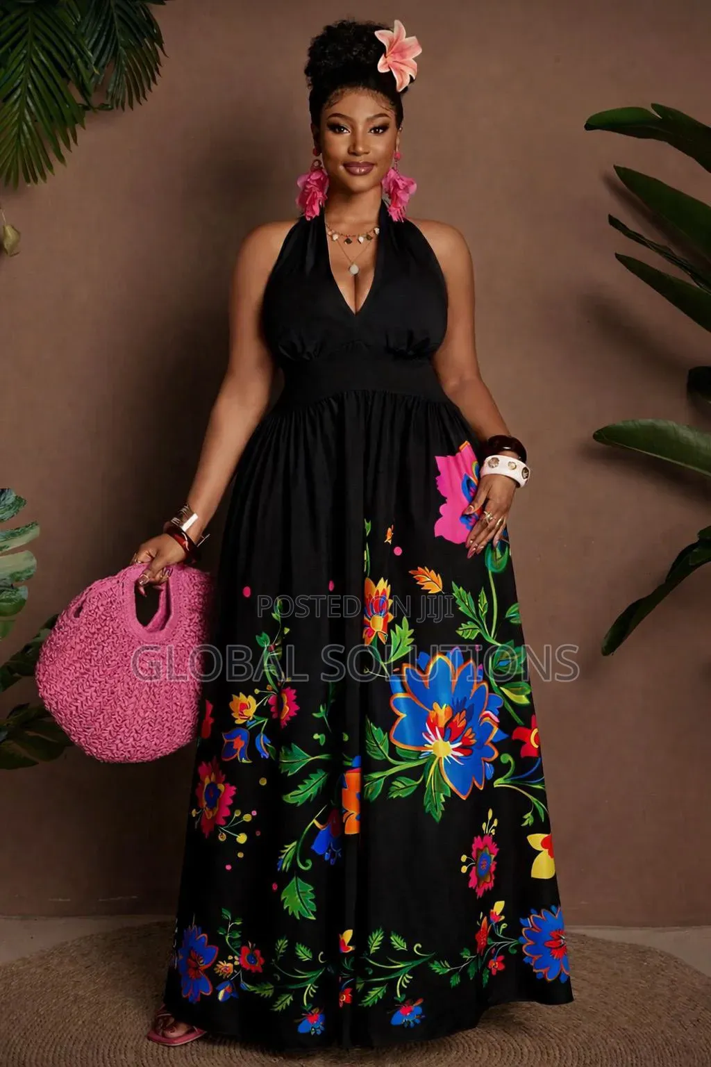 Plus Size Printed Halter Tie-Back Maxi Dress