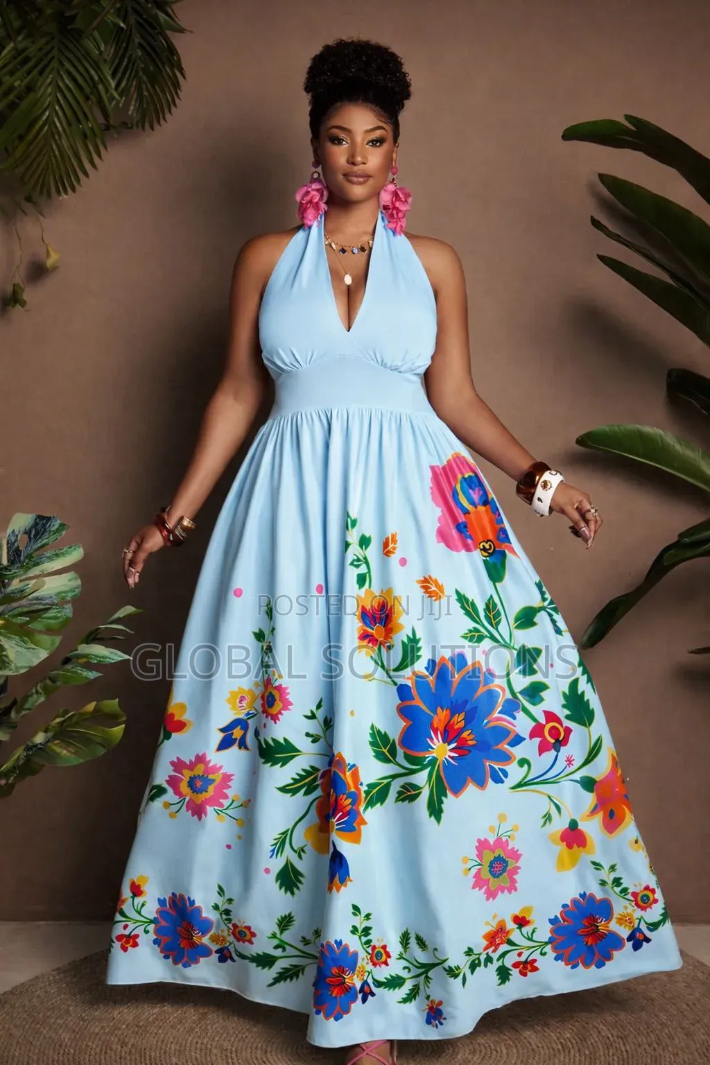 Plus Size Printed Halter Tie-Back Maxi Dress