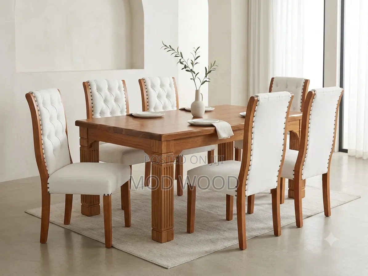 Luxury Tufted Solid Mahogany Wood Six-Seater Dining Set