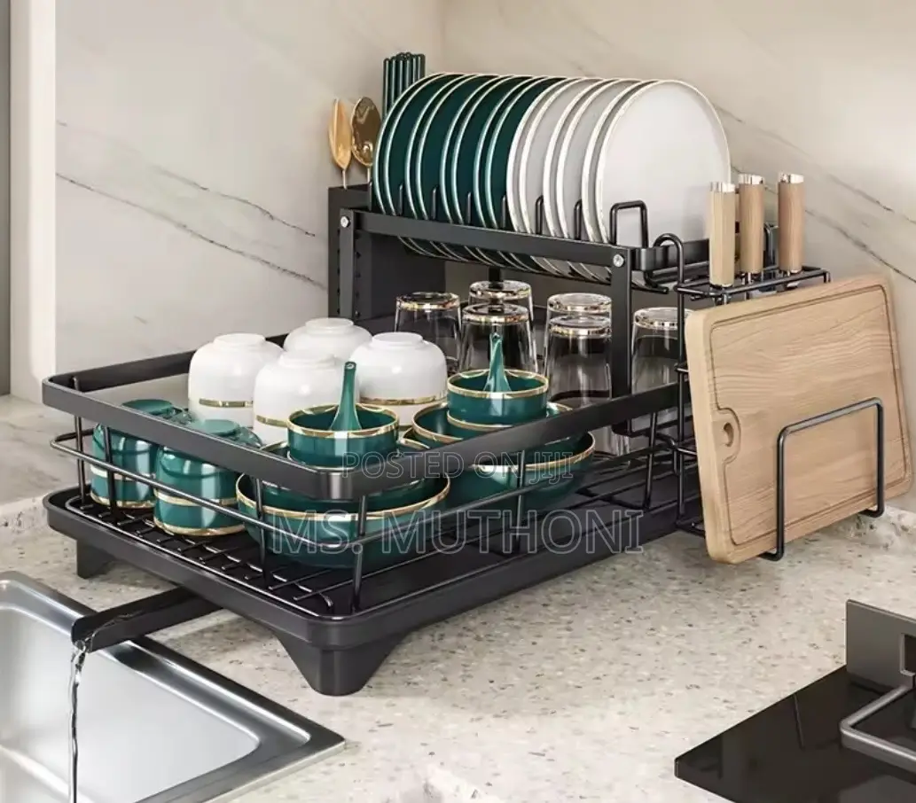 Carbon Steel 2 Tier Dish Rack With Cutlery Holder Chop Board Holder