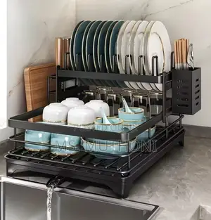 Carbon Steel 2 Tier Dish Rack With Cutlery Holder Chop Board Holder