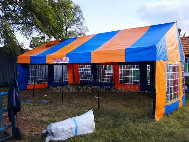100 Seater Flat Roof Tent- Royal Blue/ Orange