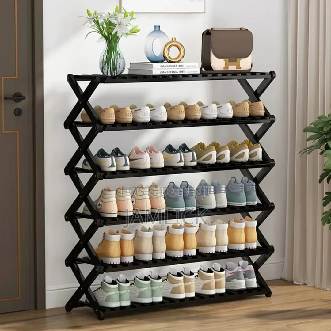 Black 6-tier Foldable Bamboo Shoe Rack –Bamboo Storage Organizer - Jy