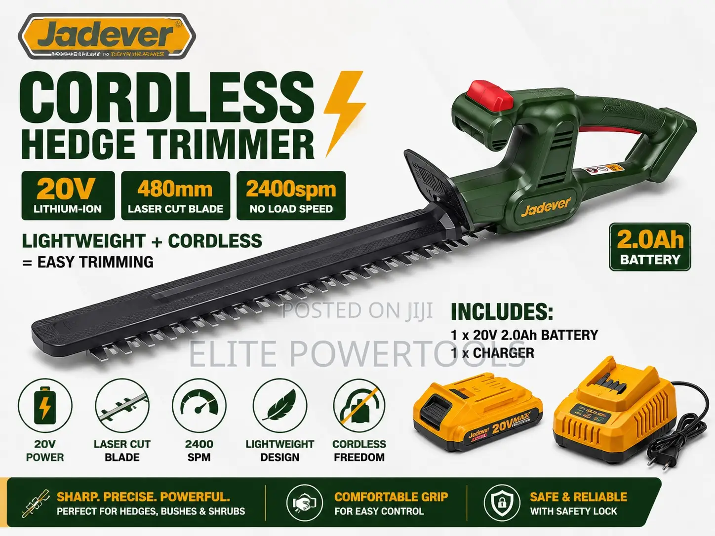 Jadever 20v Cordless Hedge Trimmer 480mm With Battery Charger