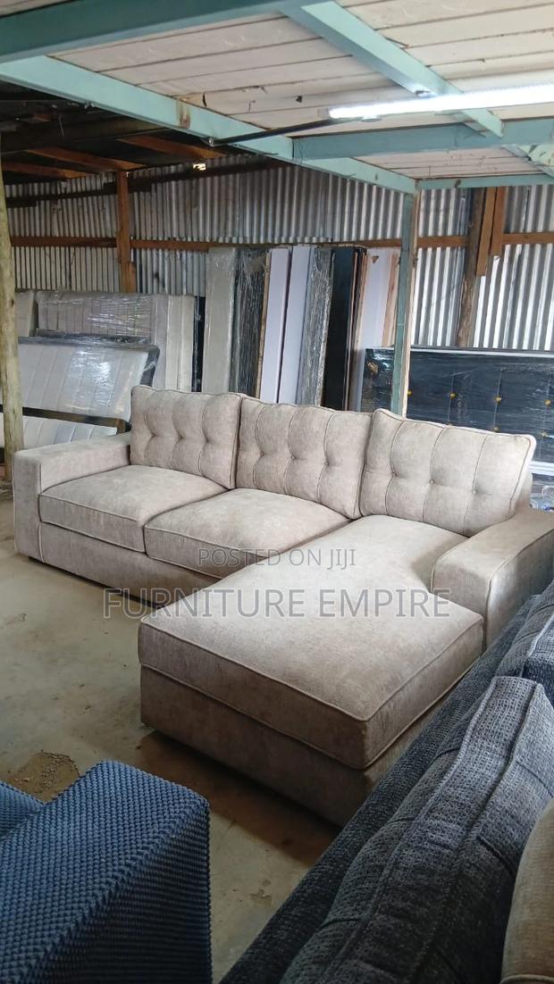 6 Seater Beige L Sofa With Tufted Back High Density Cushion