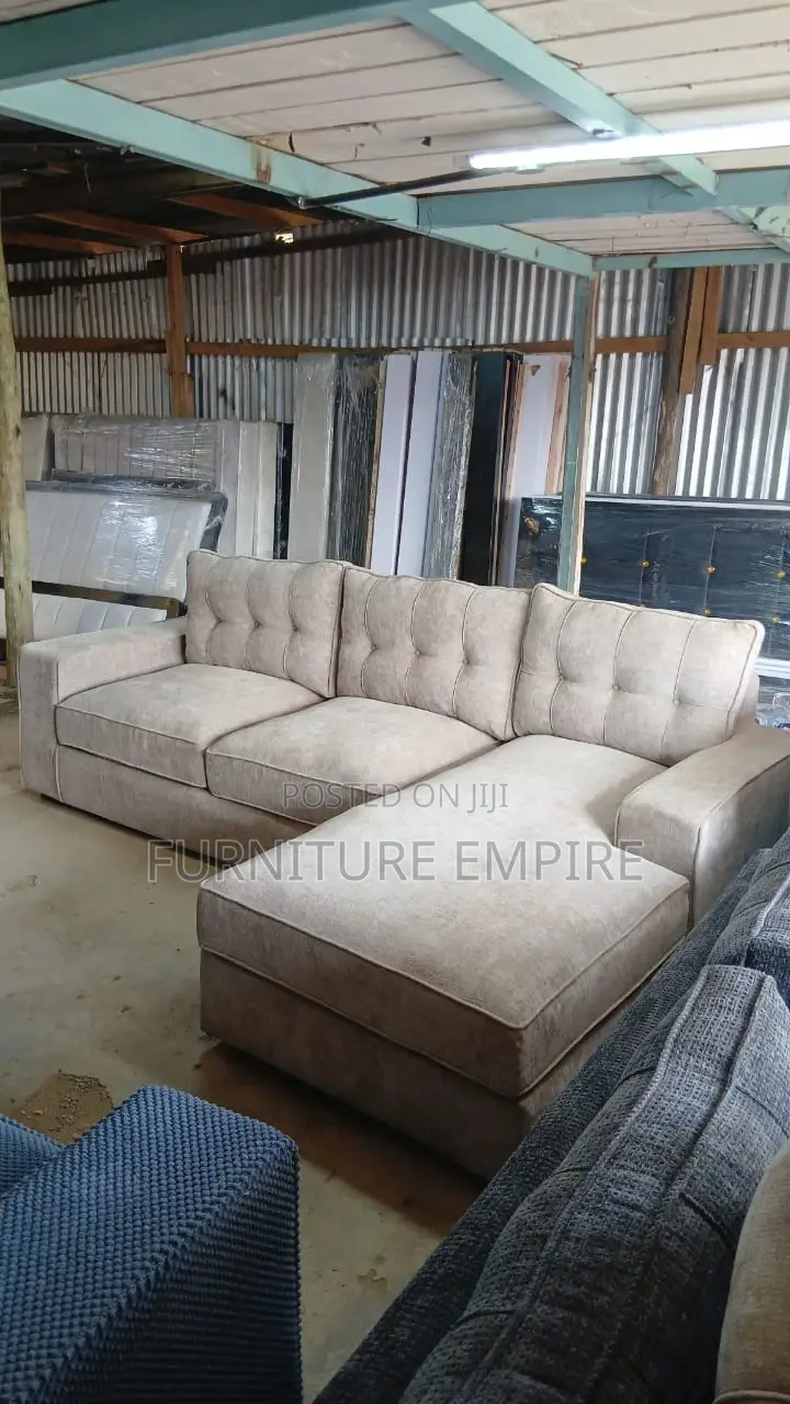 6 Seater Beige L Sofa With Tufted Back High Density Cushion