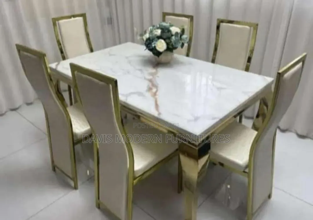 Marble -Top Dinning Table Set With Gold Frame