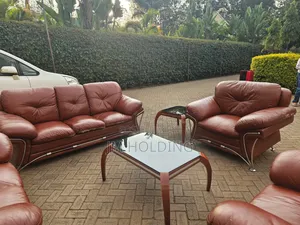 Classic Brown Leather Sofa Set With Chrome Legs and Glass Side Tables