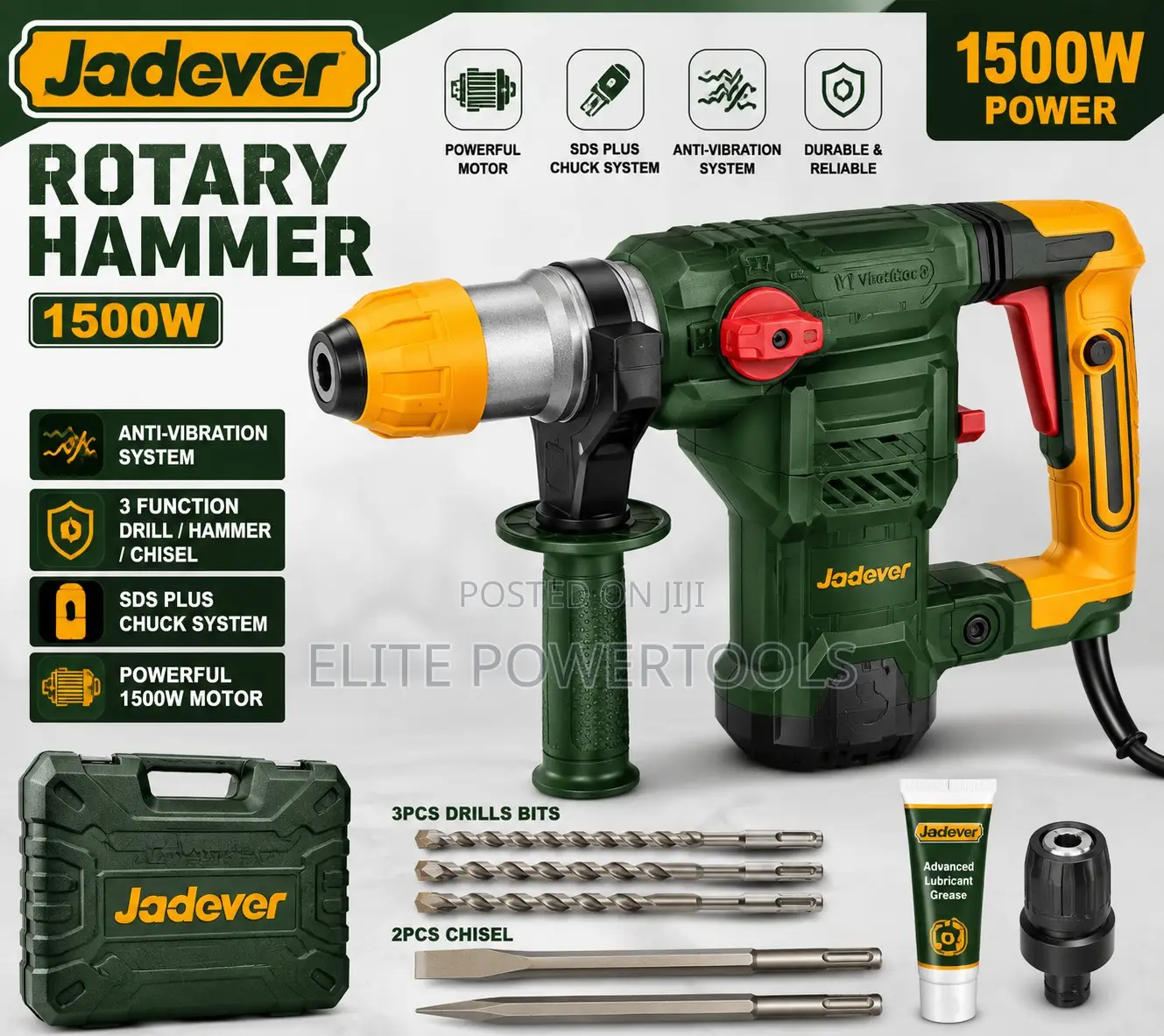 Jadever 1500w SDS Plus Rotary Hammer Drill With Chisels