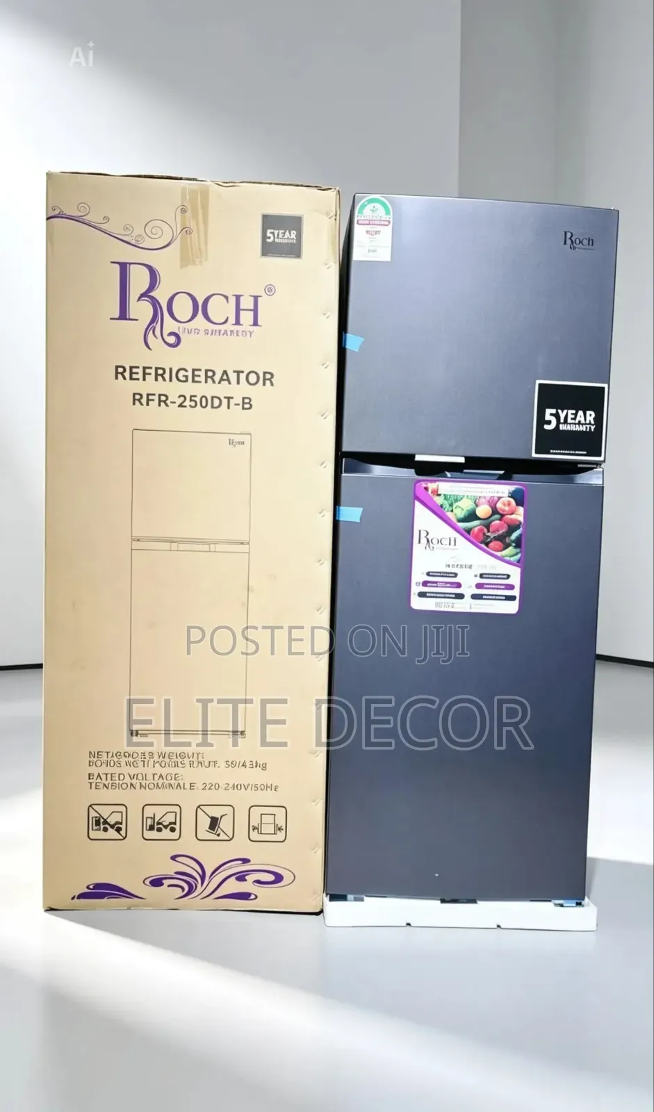 The Roch RFR-250dt-B (197l) Is a Double-Door No-Frost Refrigerator