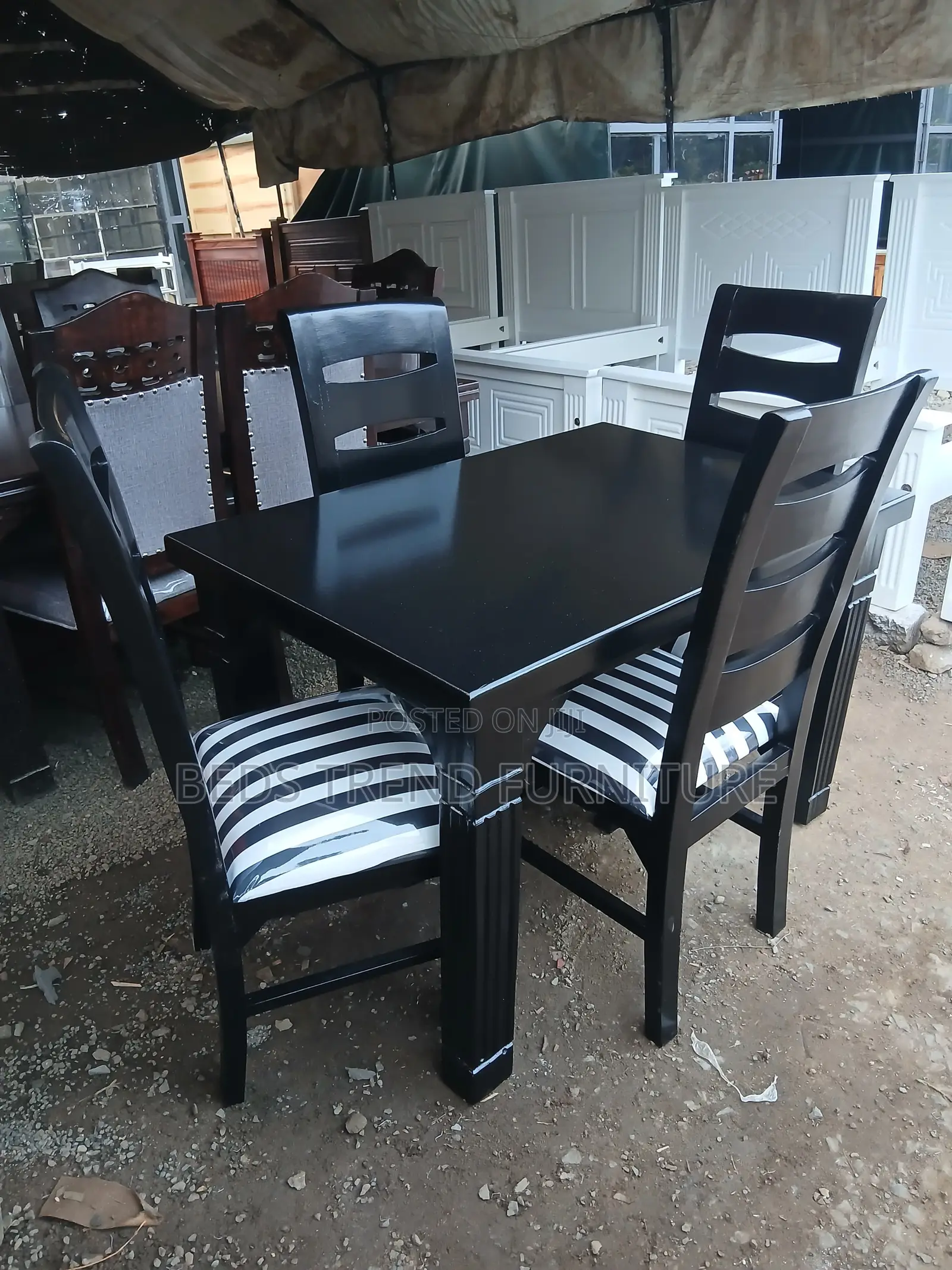 4 Seater Dining Set Black Wooden Table Striped Chairs