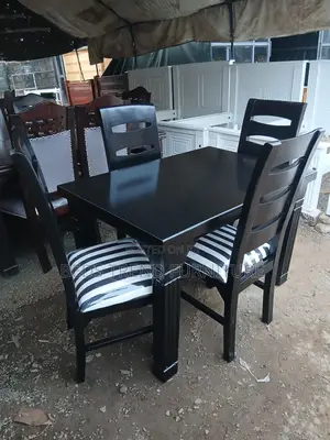 4 Seater Dining Set Black Wooden Table Striped Chairs