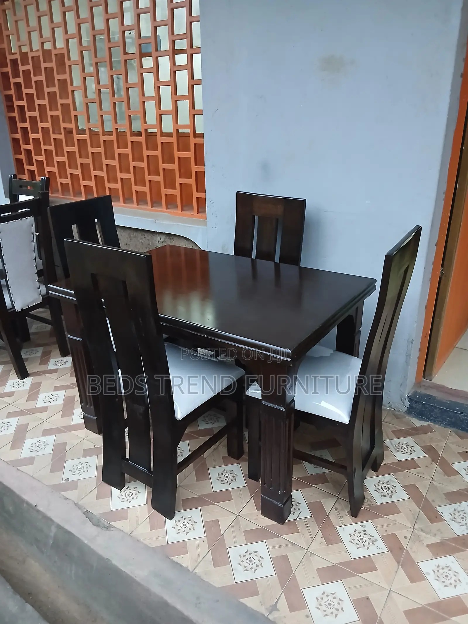 4 Seater Dining Set – Dark Wooden Table White Cushioned Chairs