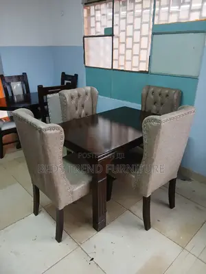 4 Seater Dining Set – Dark Wooden Table Tufted Beige Chairs