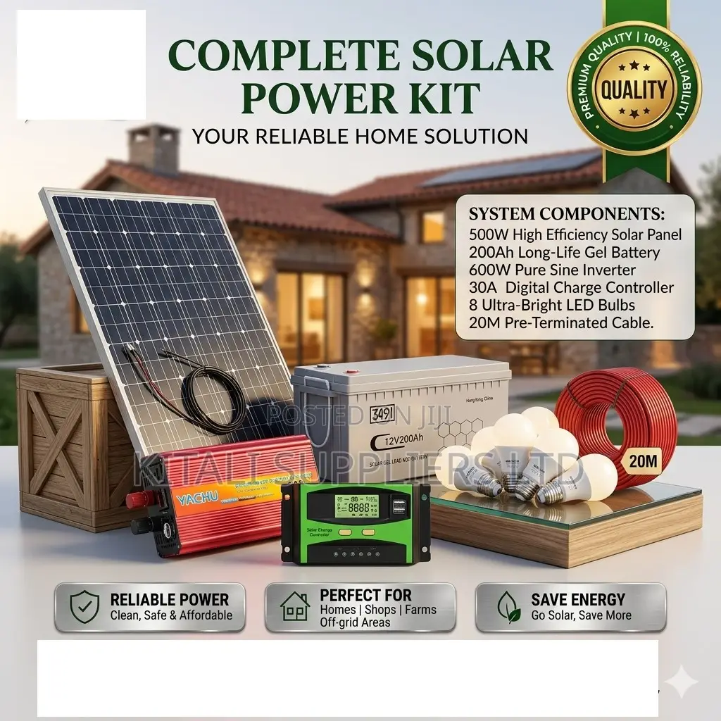 500w Solar Full Kit With 200ah Gel Battery, 600w Inverter Led Bulbs