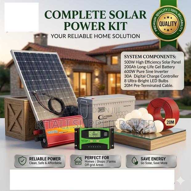 500w Solar Full Kit With 200ah Gel Battery, 600w Inverter Led Bulbs