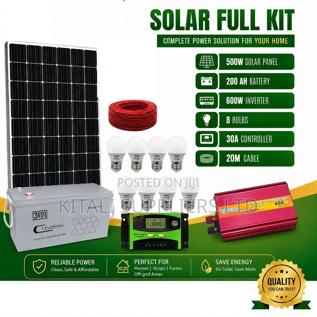 500w Solar Full Kit With 200ah Gel Battery, 600w Inverter Led Bulbs