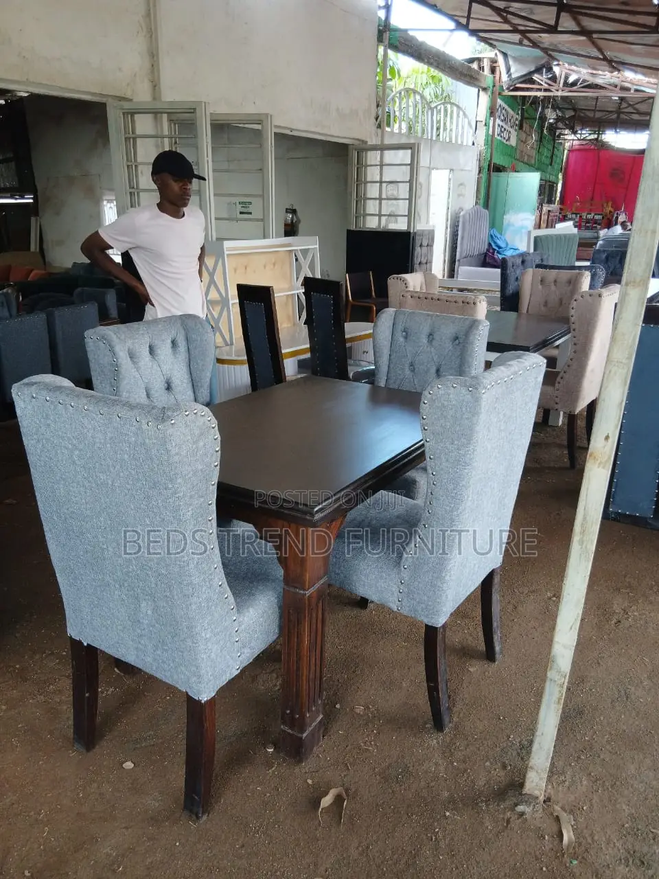 4 Seater Dining Set – Dark Wooden Table Gray Tufted Chairs