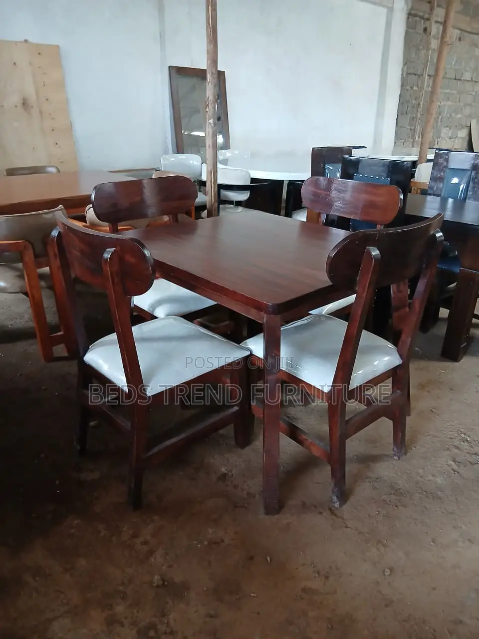 4 Seater Dining Set – Square Wooden Table White Cushioned Chairs