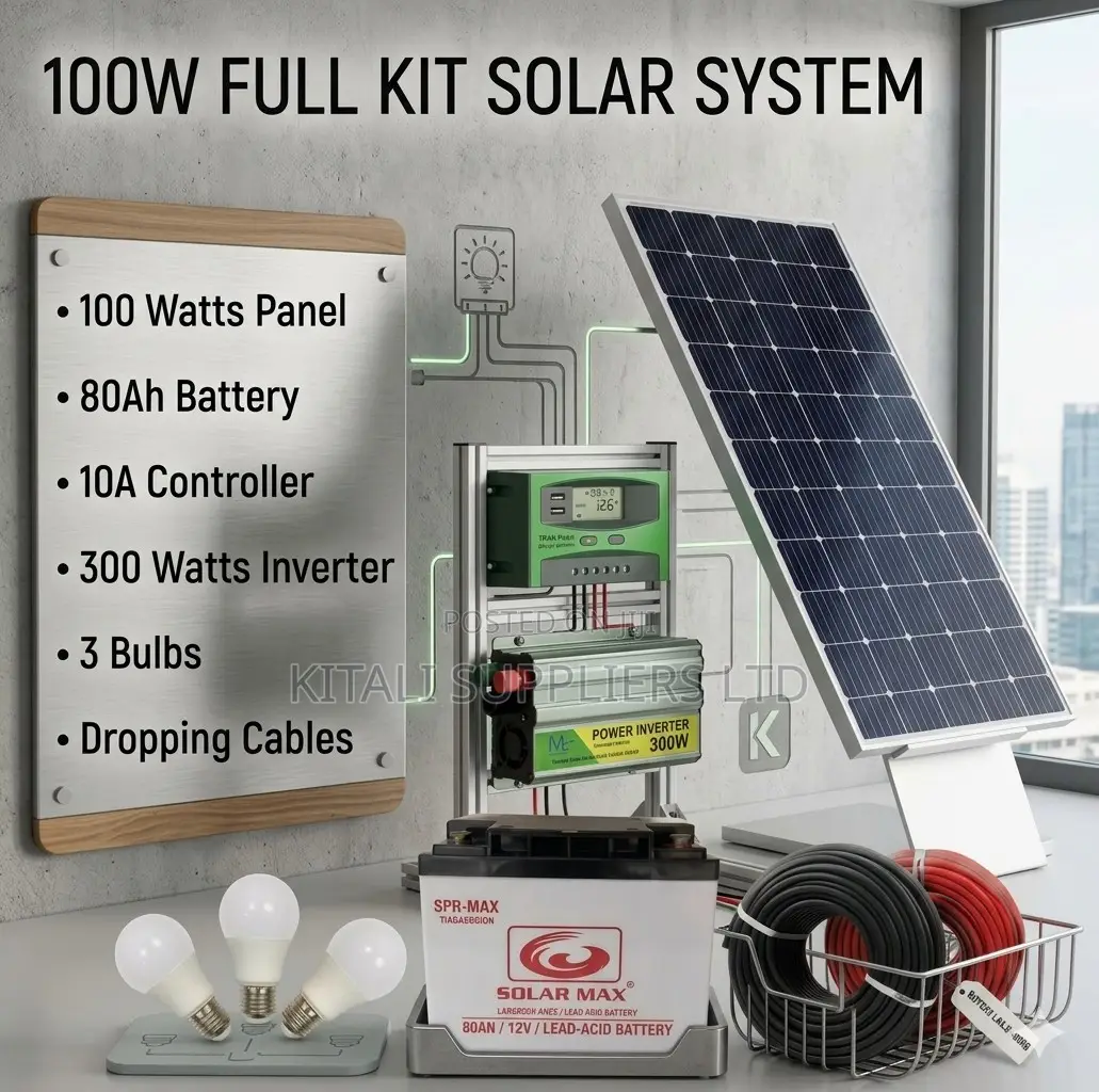 100w Fullkit Solar System – 80ah Solar Max Battery + 300w Inverter