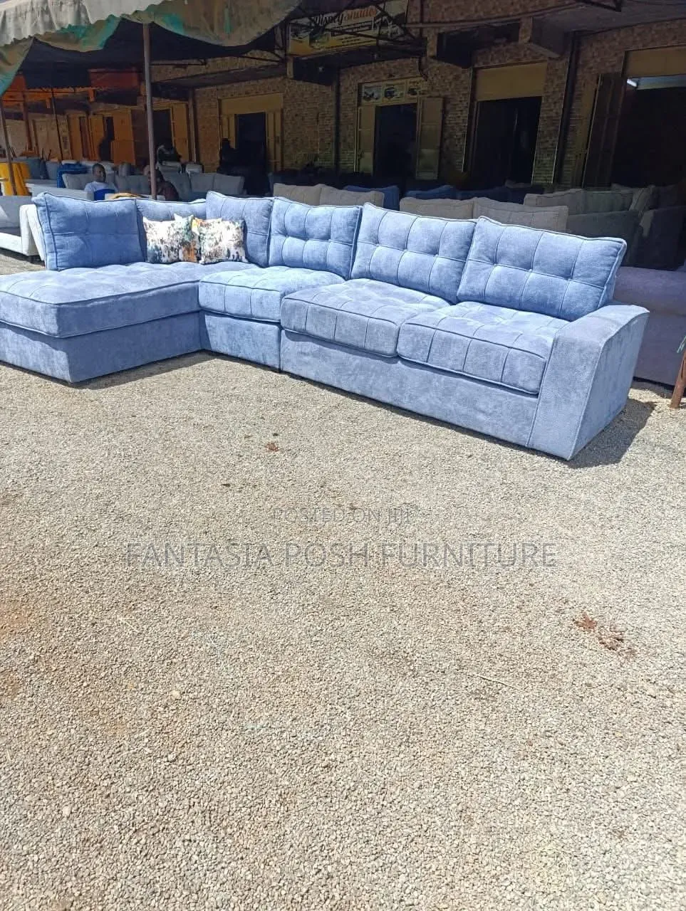 Blue L-Shaped Sectional Sofa 7-Seater