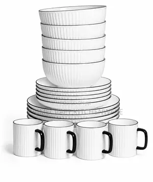 24 PCS Japanese Dinner Set White With Cups With Black Handle