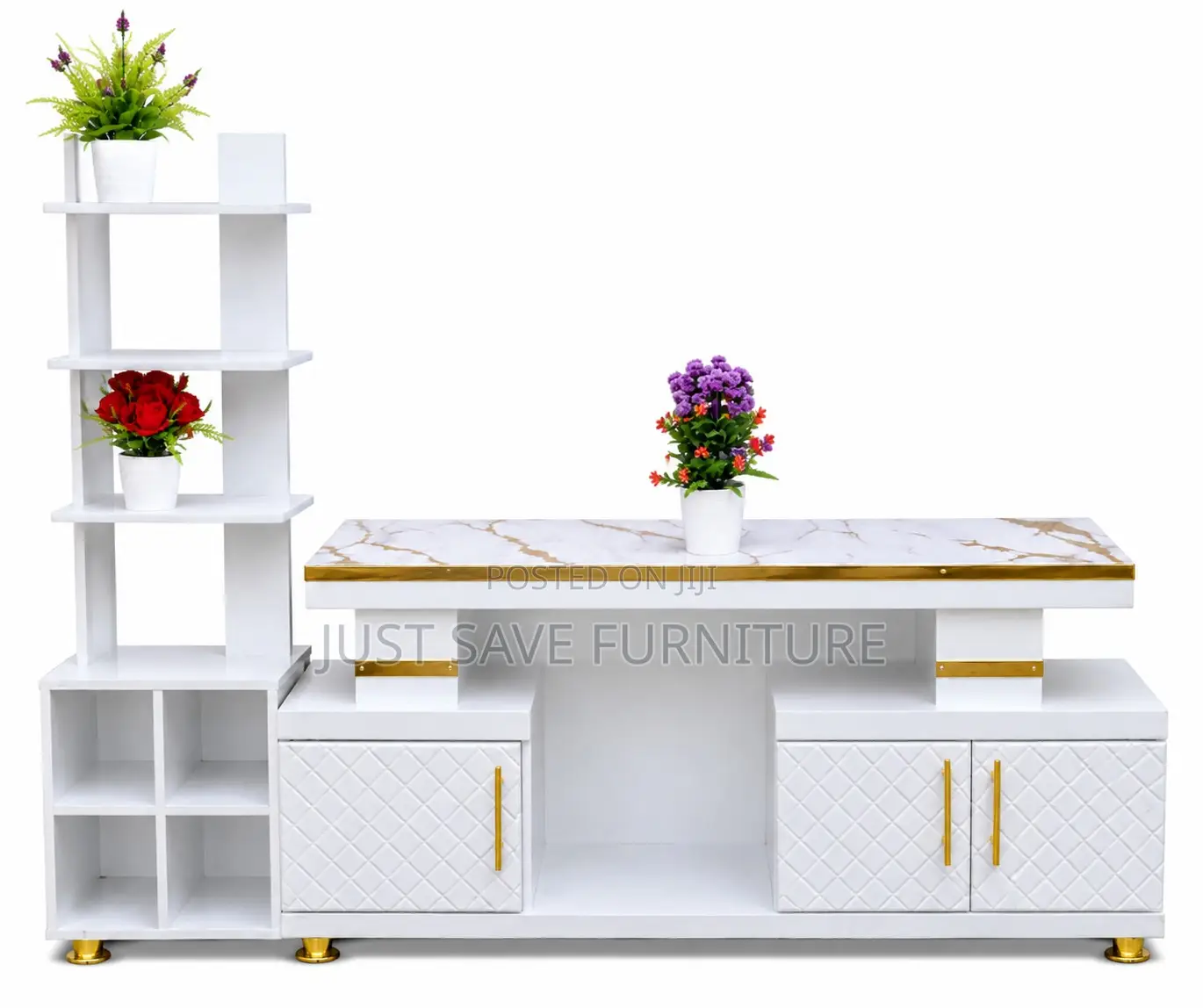 Modern White Marble Tv Stand With Display Shelf Storage Cabinets
