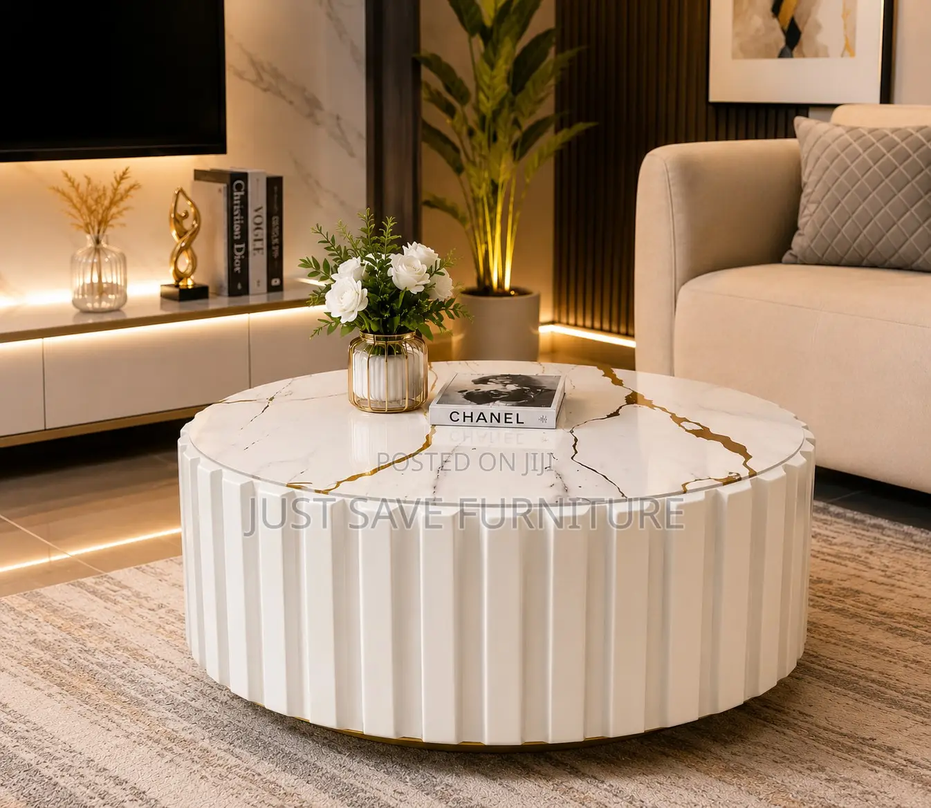Modern Round Marble Coffee Table – White Gold Finish