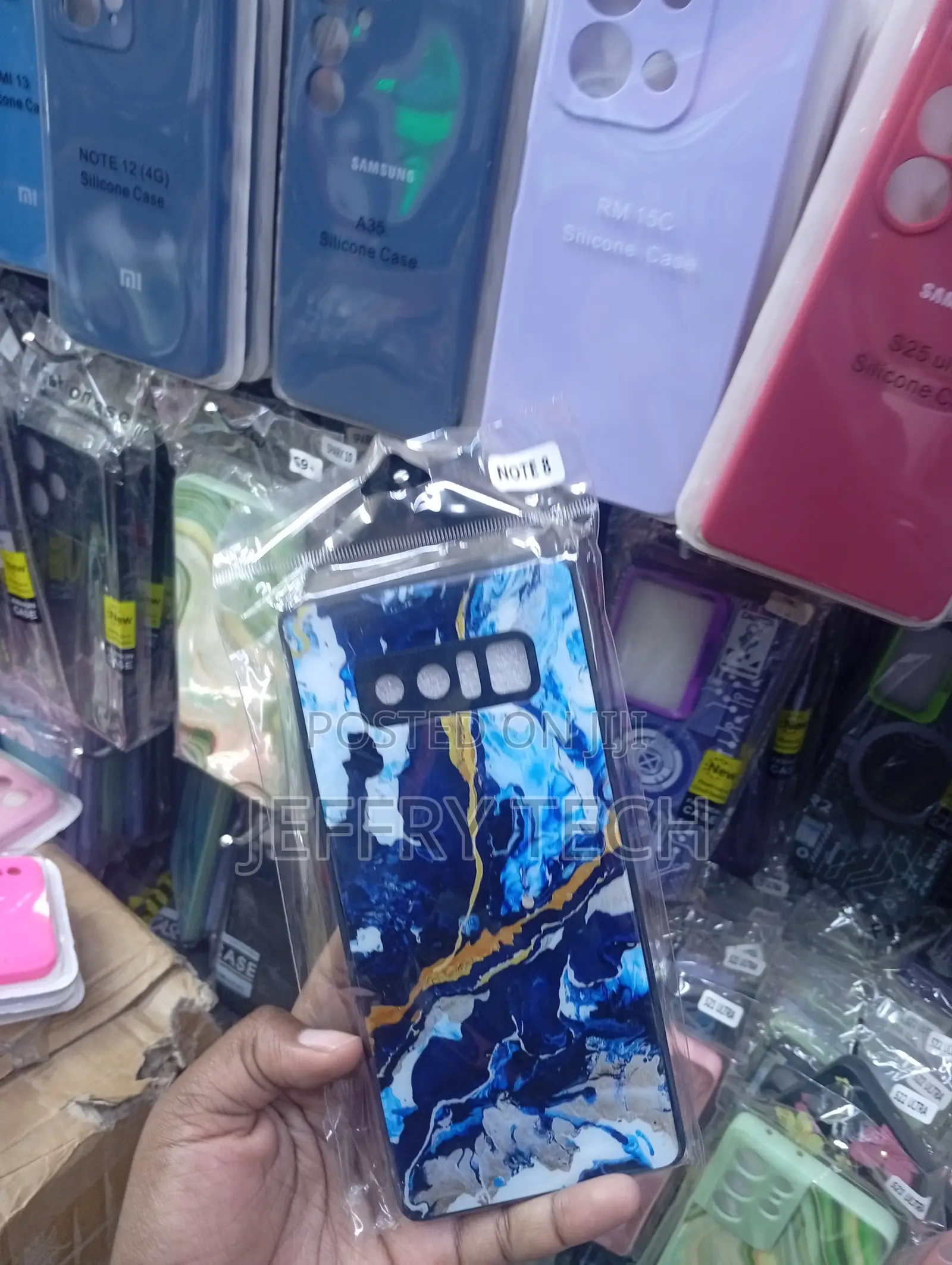 S G Note 8 Case With a Luxurious Blue, Gold, and White Marble Design
