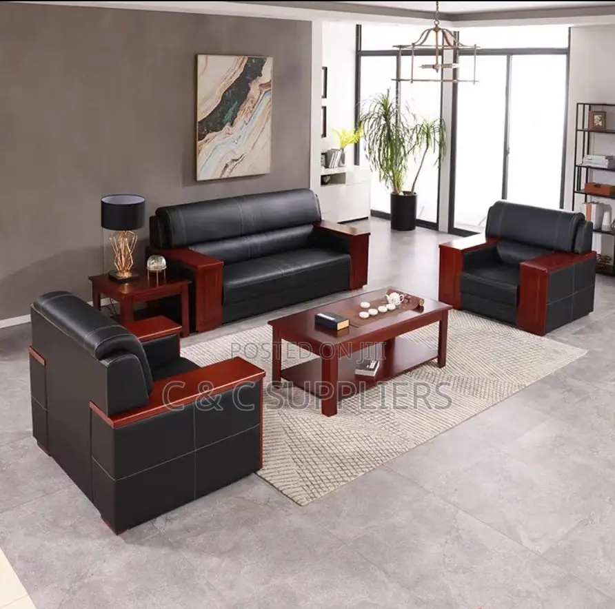 5-Seater Black Sofa Set With Wood Armrest