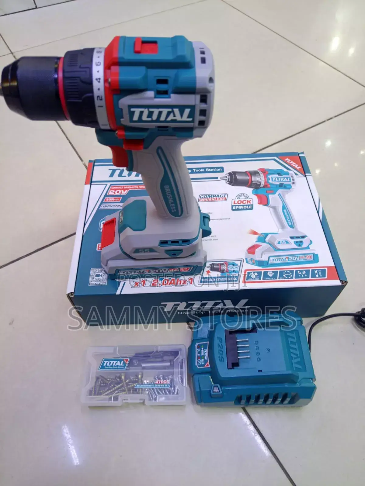 Total 20v Lithium-Ion Brushless Drill 2-Speed, Battery Charger
